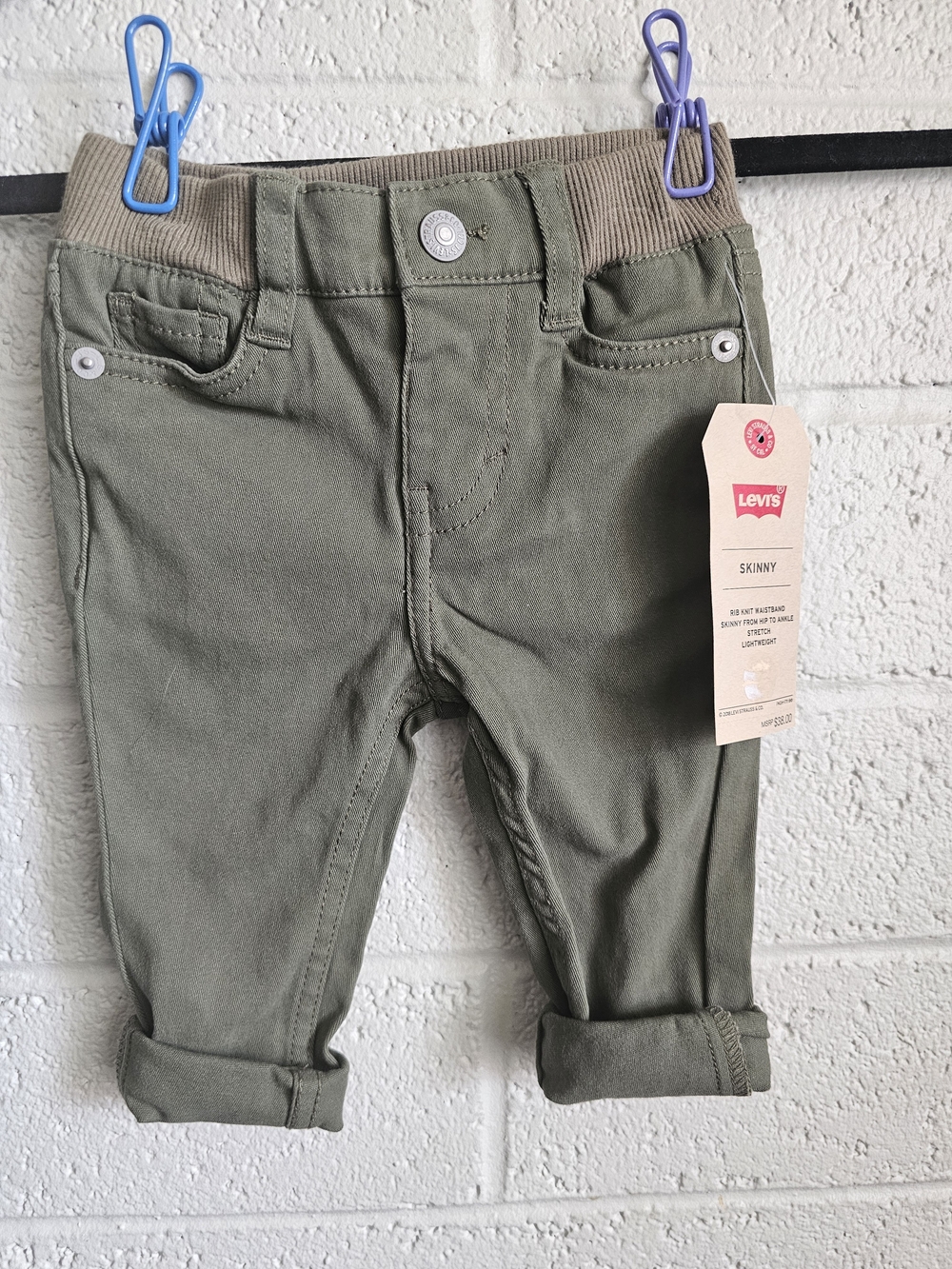 Levi’s Baby Boys Skinny Pants Olive Green Rib Knit Waist NWT